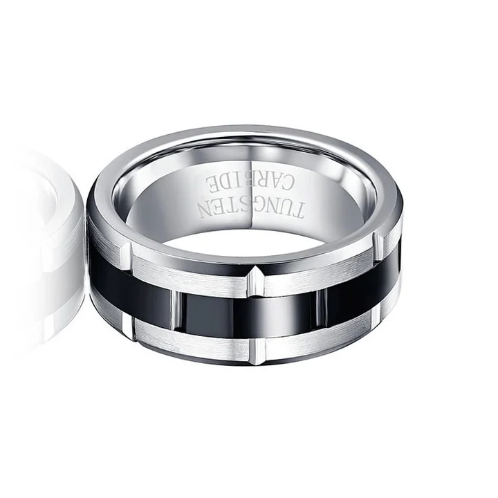 8MM Silver Beveled Men's Tungsten Carbide Rings with Matte Black in the Middle Wedding Gift