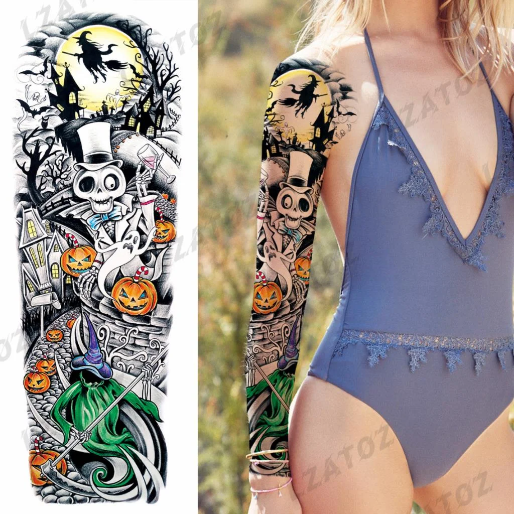 Sdrawing Sleeve Temporary Tattoos For Men Women Realistic Pirate Ship Wolf Tiger Skull Rose Flower Fake Tattoo Sticker Arm Tatoos