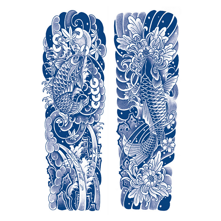 2 Sheets Fish Money Wave Sea Flower Full Arm Semi-Permanent Tattoo