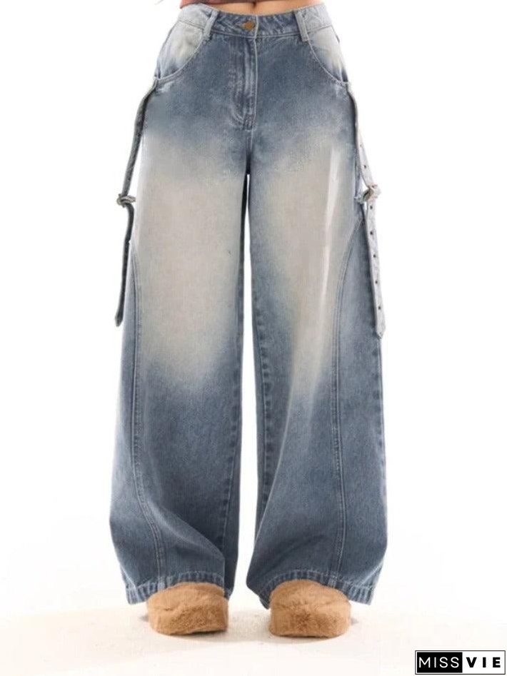 Vintage Wash Belted Decor Boyfriend Jeans