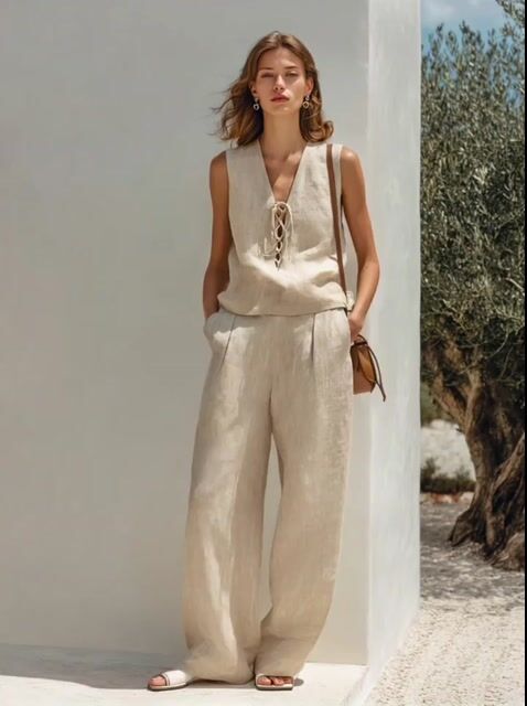 Women&rsquo;s Minimalist Linen Lace-Up Sleeveless Top & Wide-Leg Pants Set MD