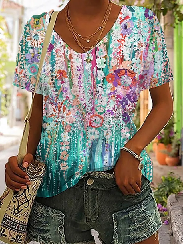 Red Blue Purple Flower Print Shirt For Women