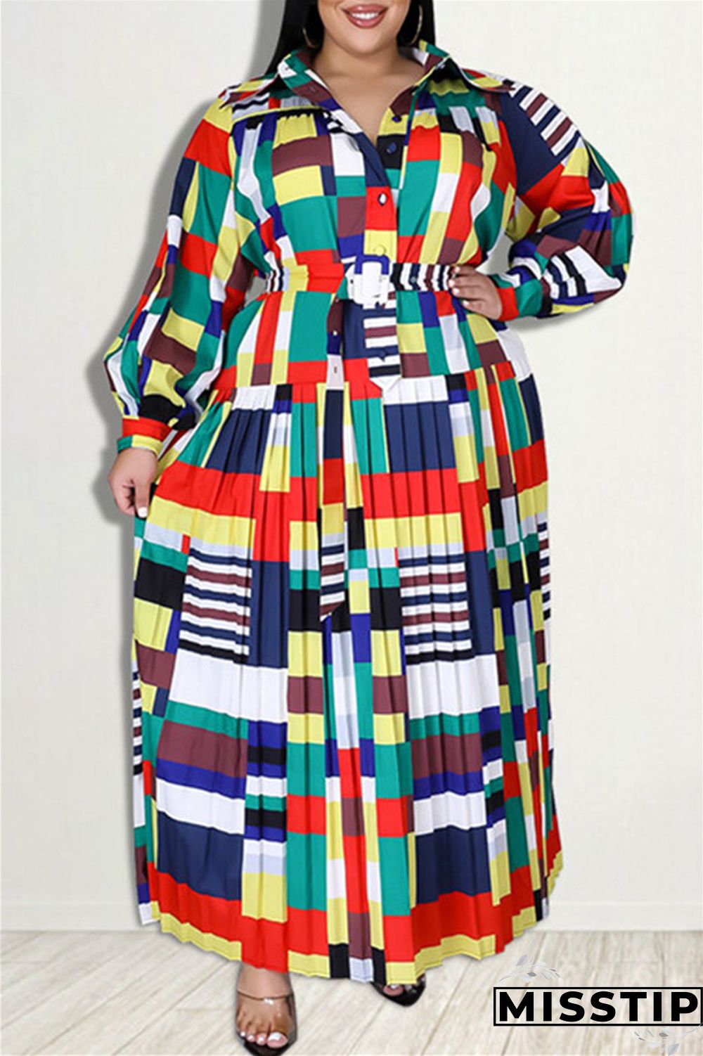 Red Fashion Casual Basic Turndown Collar Long Sleeve Plus Size Dresses
