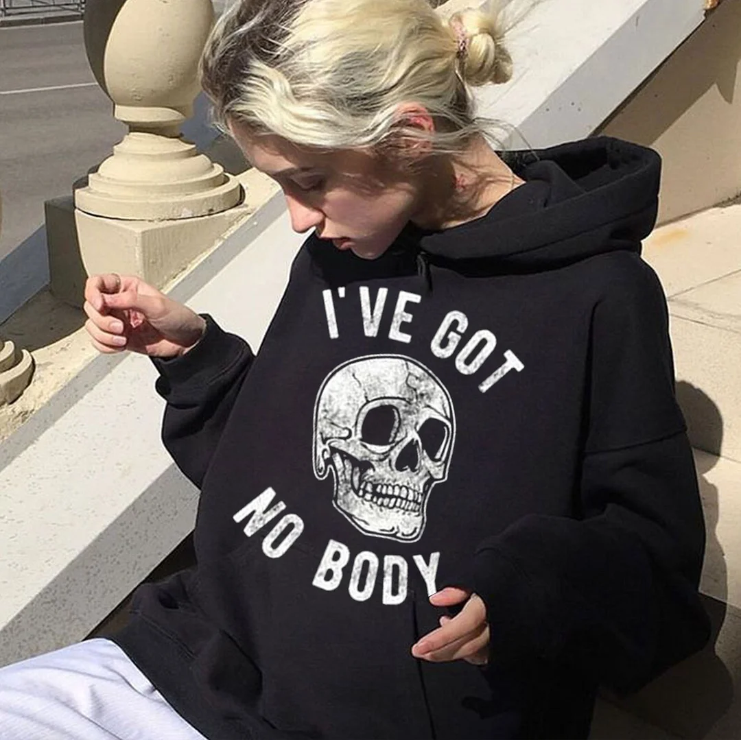 I’VE GOT NO BODY Skull Graphic Casual  Black Print Hoodie