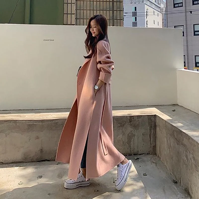 Autumn And Winter 2021 South Korea Ins Double-sided Cashmere Coat Women's Medium And Long Loose Side Slit Wool Tweed Coat