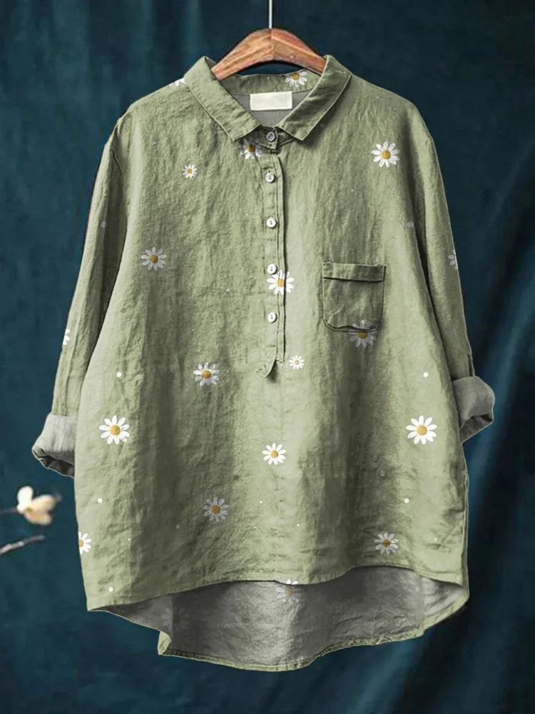 Simple Daisy Field Pattern Printed Womens Casual Cotton And Linen Shirt
