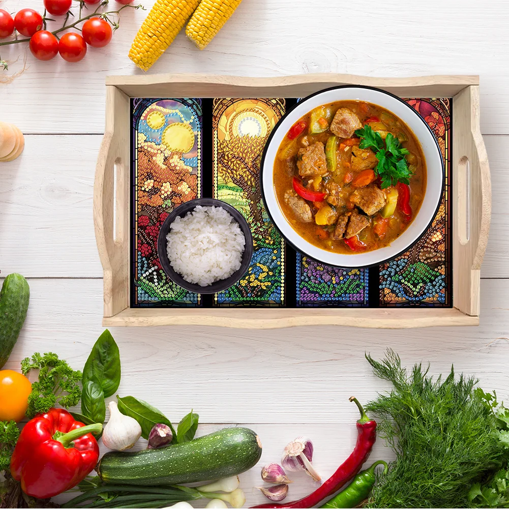 5D DIY Wooden Four Season Tree Diamond Painting Tray Art Craft for Desk Coffee Table Serving Tray Diamond Art Dining Plate