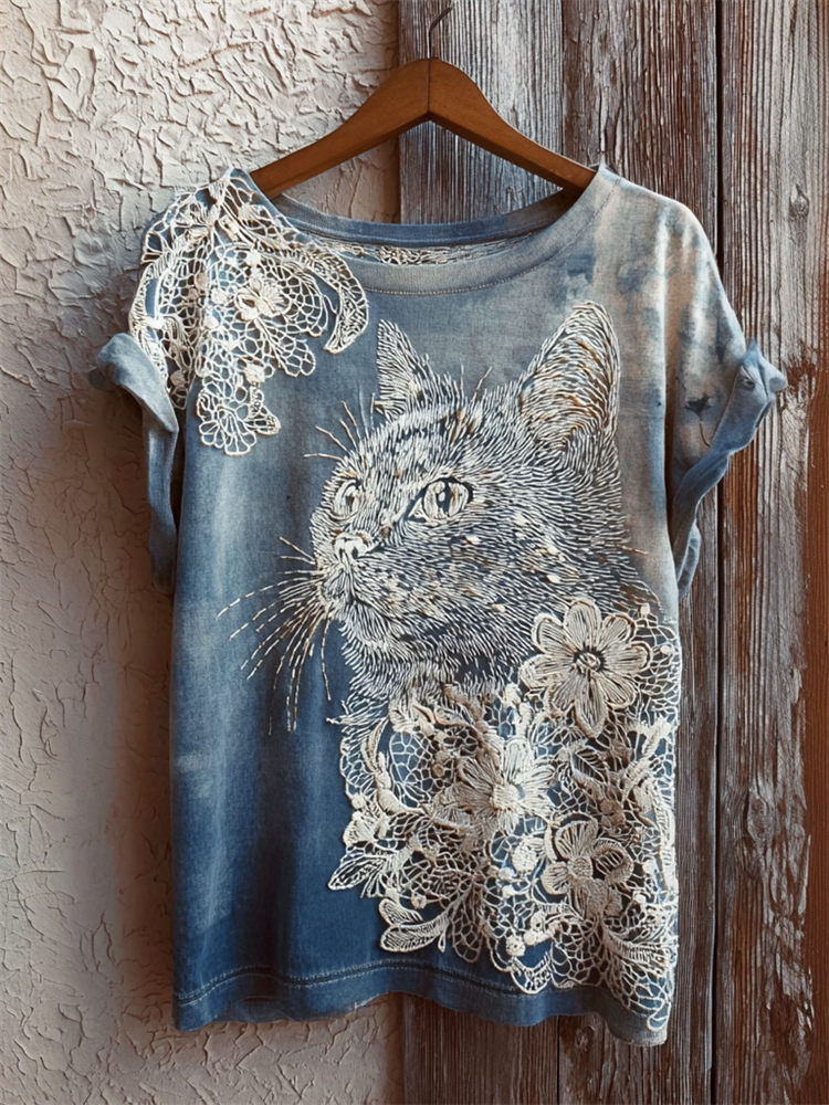Vintage Cat Floral Lace Art Dyed T Shirt wearshes