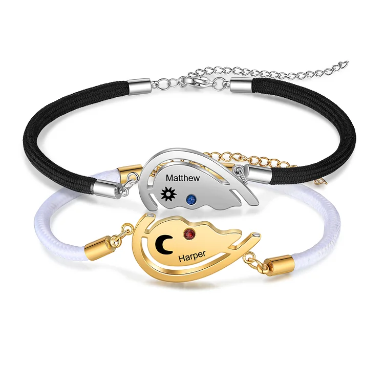 Paar Sonne-Mond Herzförmiger Magnetisches Armband mit 2 Namen und 2 Geburtssteine Graviert, Valentinstag Geschenk
