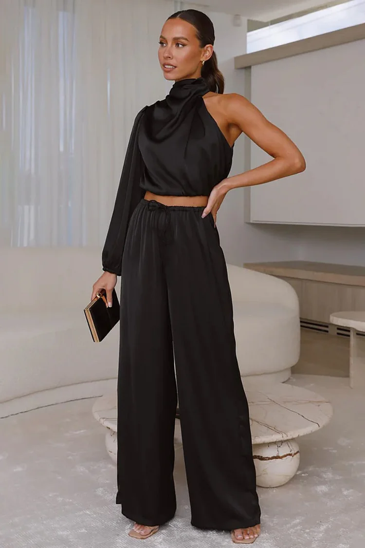 Plain Satin Stand Collar Single Long Sleeve Crop Top Wide Leg Pants Matching Set