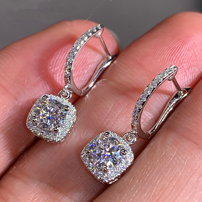 925 Sterling Silver 0.5ct  Moissanite Trendy Square Shape Drop Earrings Brilliant Bridal Engagement Wedding Jewelry Elegant Female Dangle Earring
