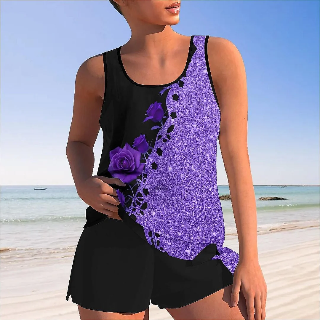 Bowknot Purple,Floral,Glitter Mid Waisted Tankini Set - Plus Size Available