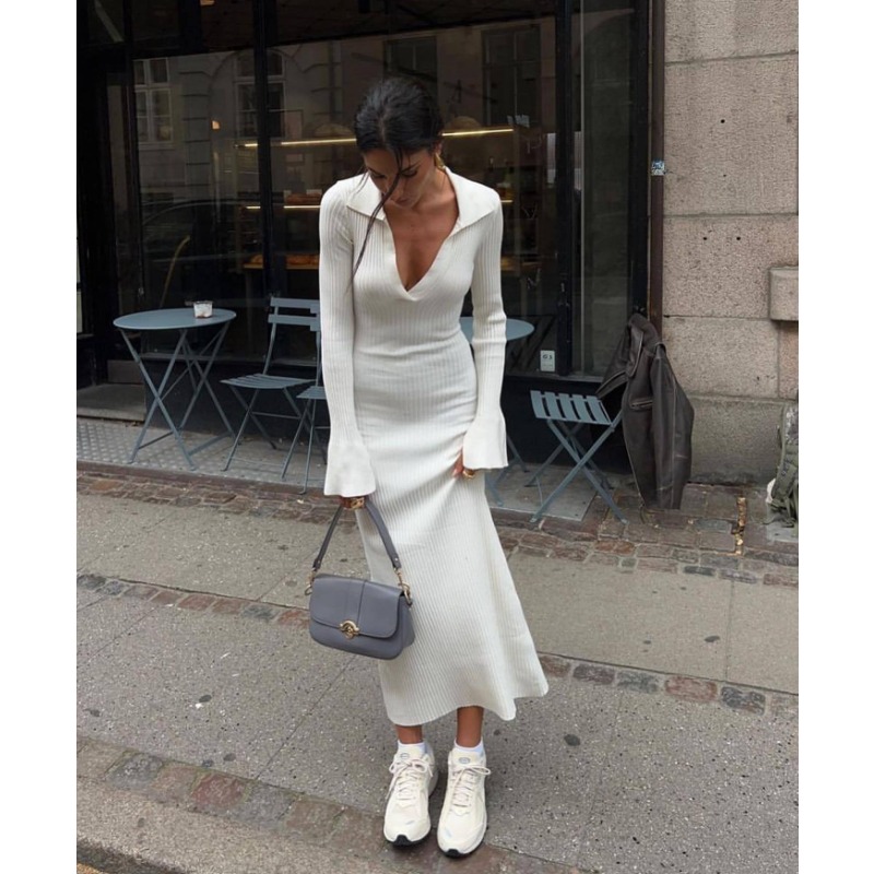 Ootddress White High Waist Knitwear Dress Fashion Women Rib Lapel Autumn 2025 Slim Elegant Long Dress Casual Knit Solid Party Dress