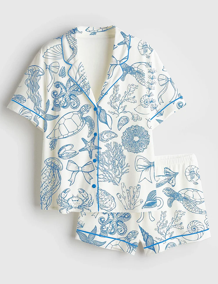 Women&rsquo;s When You Go Through Deep Waters Christian Ocean Animal Print Short Sleeve Satin Pajama Set