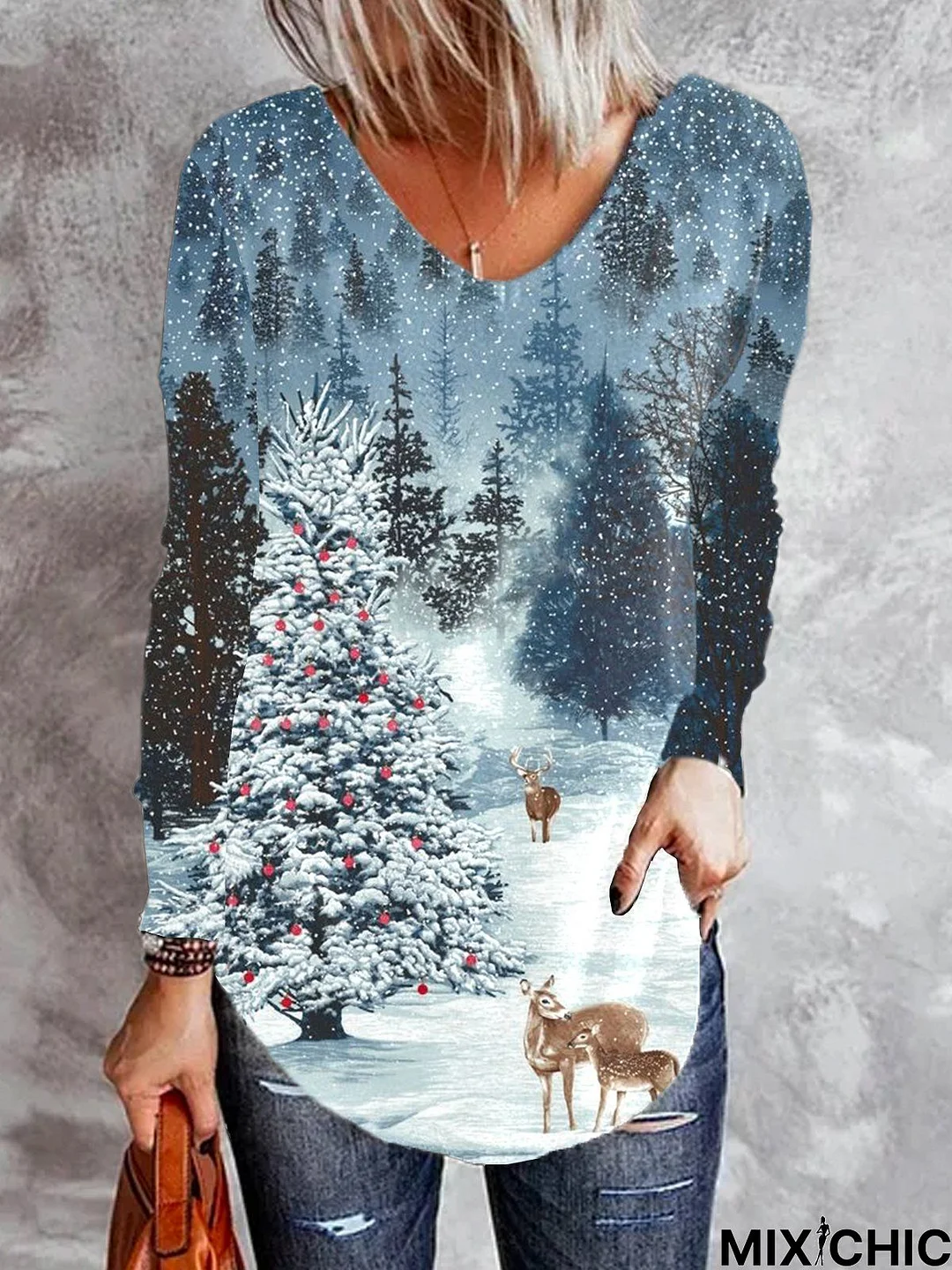 V Neck Christmas Snowman Loosen Tunic Top