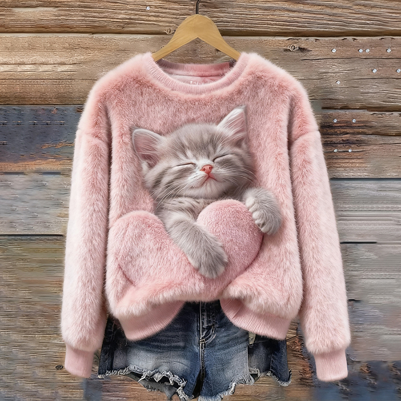 Women's Cute Heart Cat Crew Neck Cozy Flannel Sweatshirt elevenforest