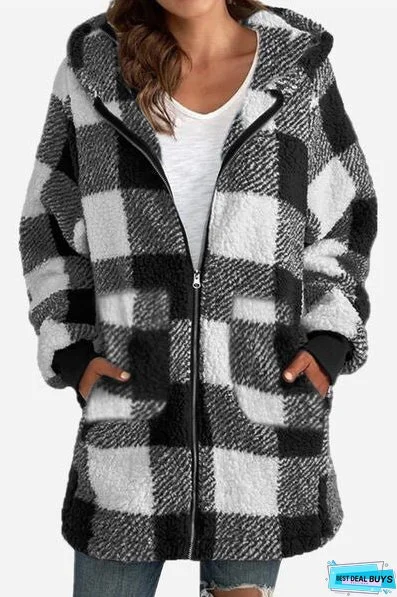 Double Take Full Size Plaid Long Sleeve Hooded Coat