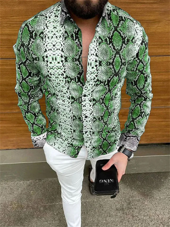 Men's Shirt Snakeskin Flip Long Sleeve Street Casual 3D Button Up Fashion Casual Beach Mens Shirt | 168DEAL