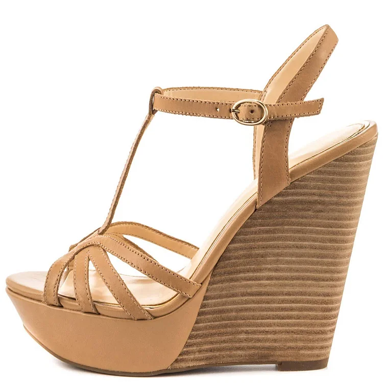Women's Khaki T Strap Slingback Platform Wedge Sandals |FSJ Shoes