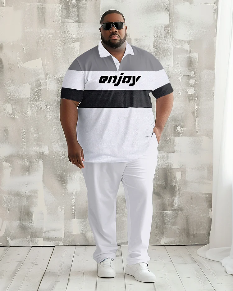 Men's Plus Size Casual Colorblock Alphabet Print Polo Shirt Trousers Suit