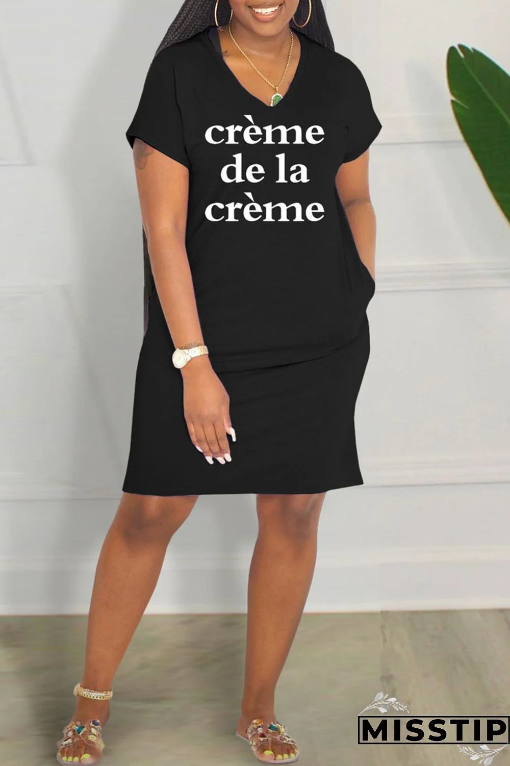 Black Casual Letter Print Basic V Neck Short Sleeve Dress