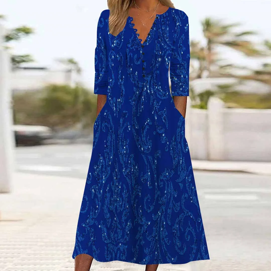 Women Graphic,Blue DZHB8254 Long Sleeve V-Neck Graphic Printed Midi Dress