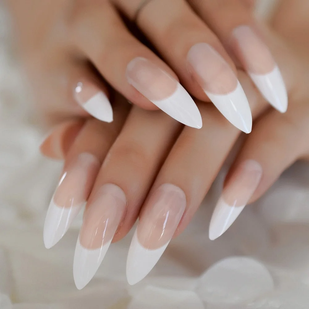 White French Tips Fake Nails Extra Long Stiletto False Nails Natural Painted Long Party Designed Nails 24 Count