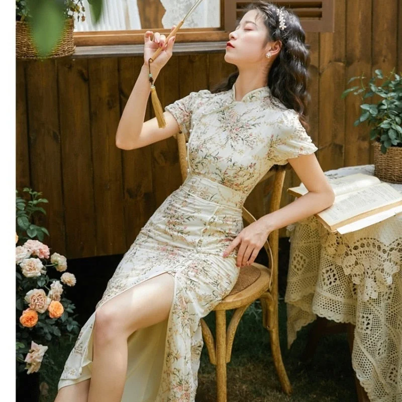 Peneran back to school Cheongsam Qipao Chinese Traditional Dress Embroidery Retro Improved Cheongsams Oriental Party Summer Floral Dresses for Women