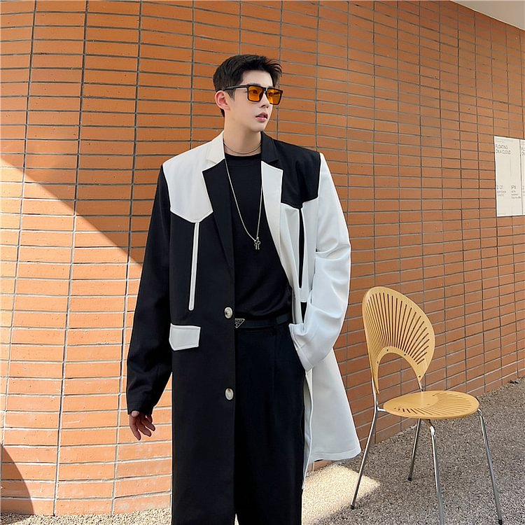 Dawfashion-Black and White Contrasting Color Loose Casual Trench Coat-Yamamoto Diablo Clothing