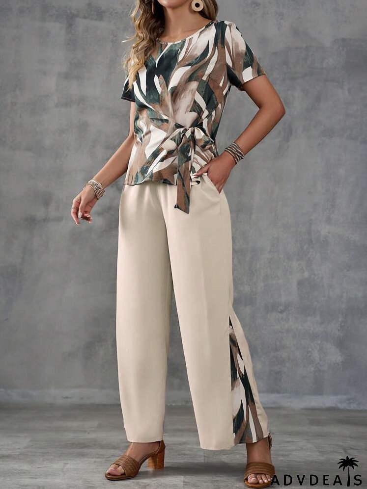Ladies' Summer Vacation Casual Random Print Tie-Front Short Sleeve Shirt And Patchwork Long Pants Set