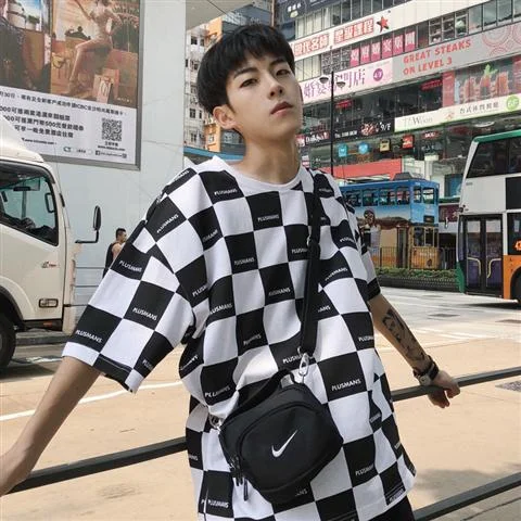 Aonga New  Harajuku Korean T-shirt Fashion Black White Checkerboard Plaid Short-sleeved O Neck Loose Casual Men's T-shirt