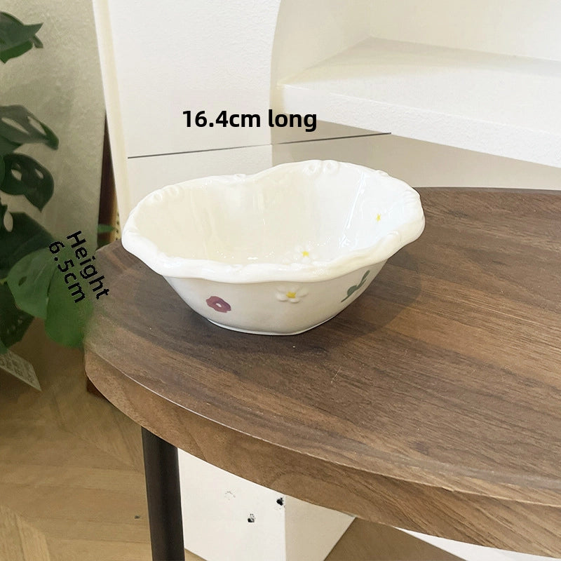 Embossed Fruit Air Cake Plate Household Ceramic Tableware Rice Bowl Disc Deep Plate Cream Color Cute High Face