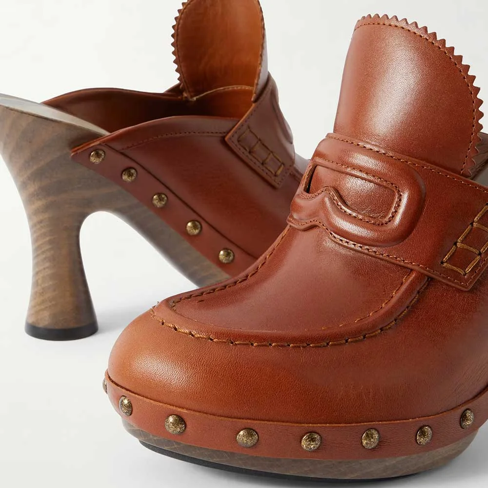 Tan Closed Toe Studded Slip On Loafer Platform Mule Heels for Women