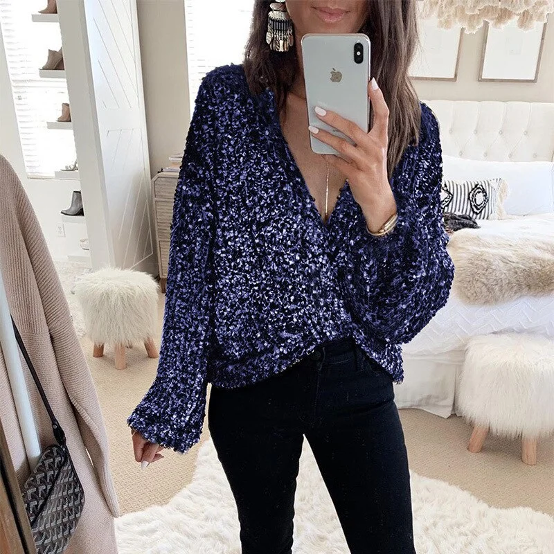 Graduation Gifts  Long Sleeve Blouses for Women Sequins Glitter Black Clubwear Blouse Tops  Tied Deep V-neck Streetwear Party Tops Fashion