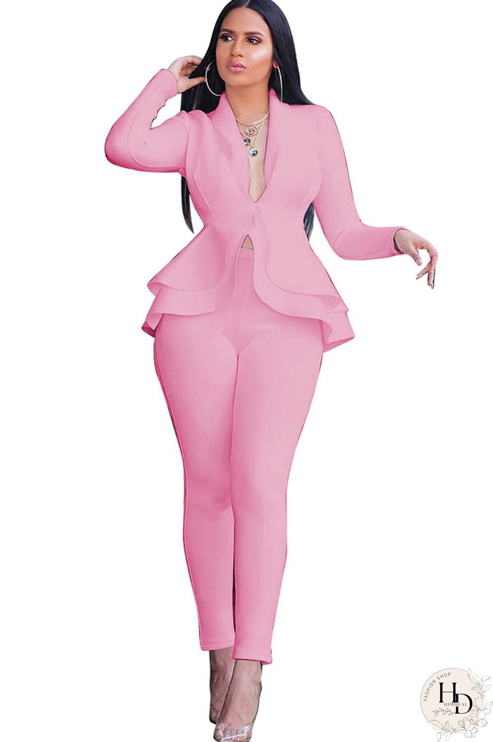 Black Casual Two Piece Suits Patchwork ruffle Solid pencil Long Sleeve