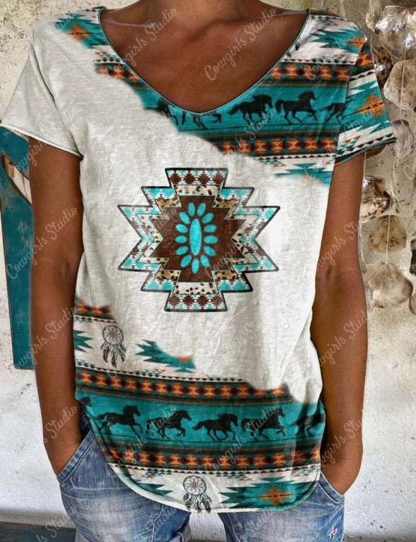 Ladies Western Turquoise Print Short Sleeve T-Shirt