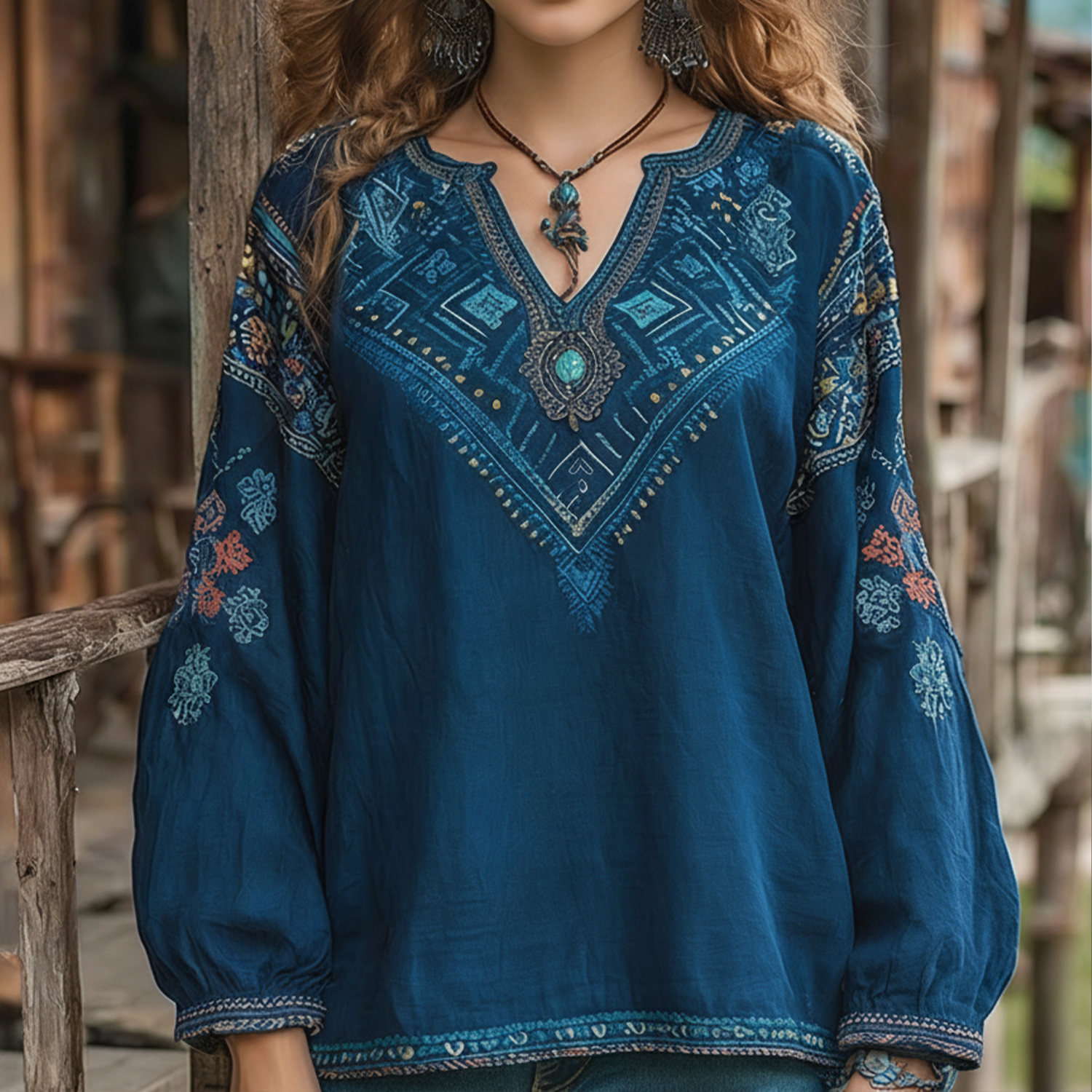 2026 Hot-Selling Women's Retro Bohemian Rose Embroidery Linen Loose V-Shaped Long-Sleeved Top (Foreign Trade) - Helixace
