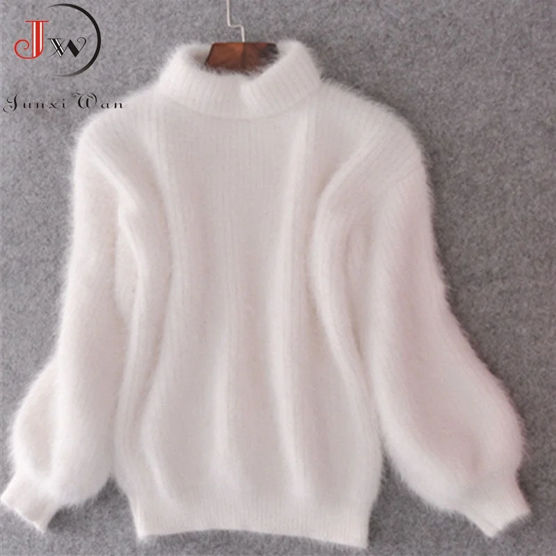 White Mohair Thicken Turtleneck Sweater Autumn Winter Sweet Fashion Lantern Sleeve Casual Solid Color Pullover pull femme