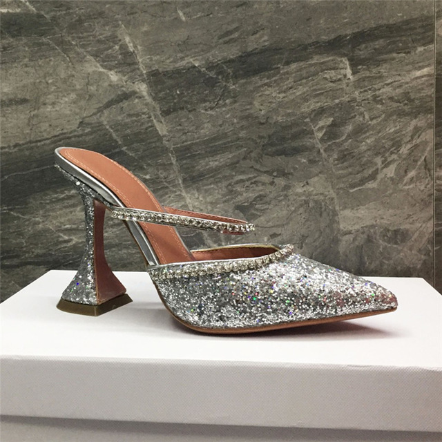 VCSHOES Sequins Party Shoes Woman Jeweled One-strap Pointed Toe High Goblet Heel Runway Sandals Women