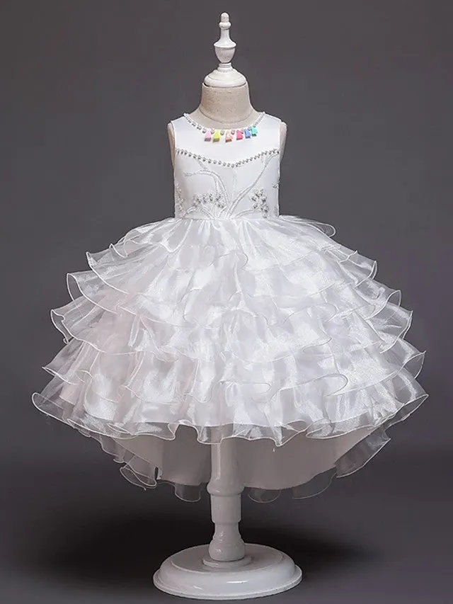 Sleeveless V-Neck Flower Girl Dress Tulle Gown with Pearl Embellishments Satin Back Bow & Satin Bodice for Wedding Events