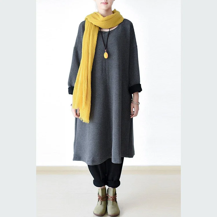 Gray thick cotton dresses casual loose pullover shirts stripe knit fabric