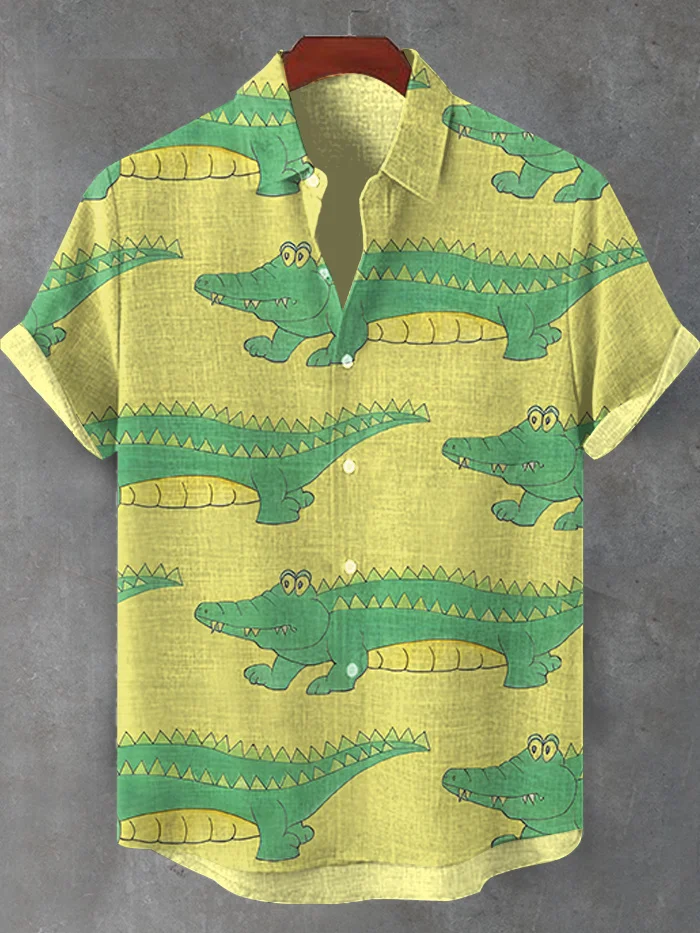 Men's Crocodile Cartoon Print Short Sleeve Shirt