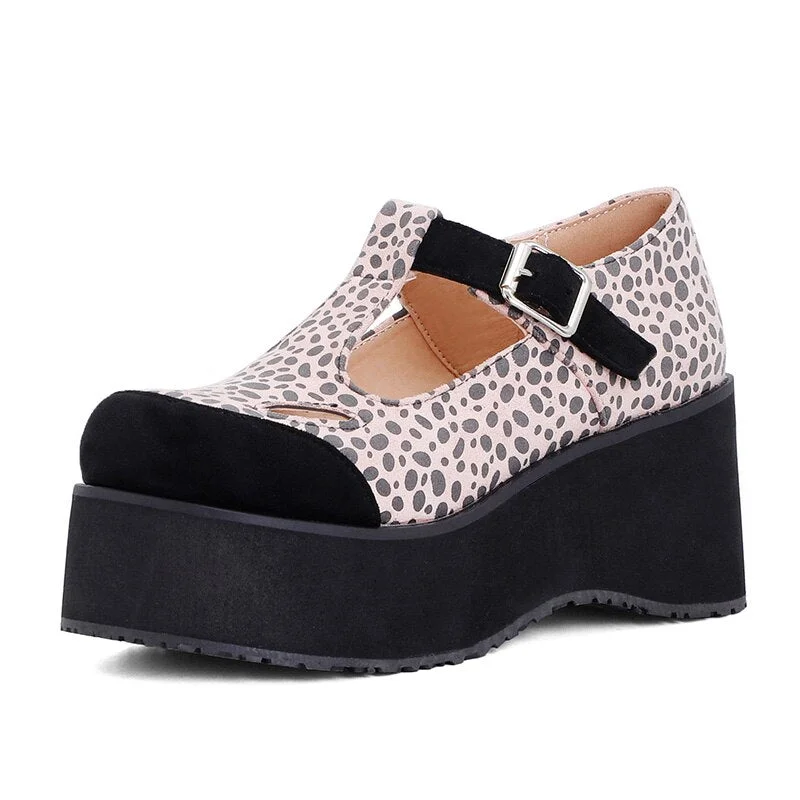 Gdgydh Gothic Fashion Cat Leopard Wedges Shoes For Women T-strap Platform Heels Hollow Out Thick Sole Casual Shoes Comfort New