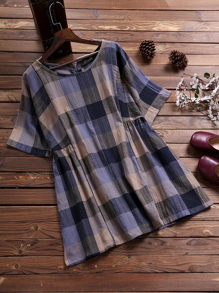 Plaid Crew Neck Casual Shirts & Tops