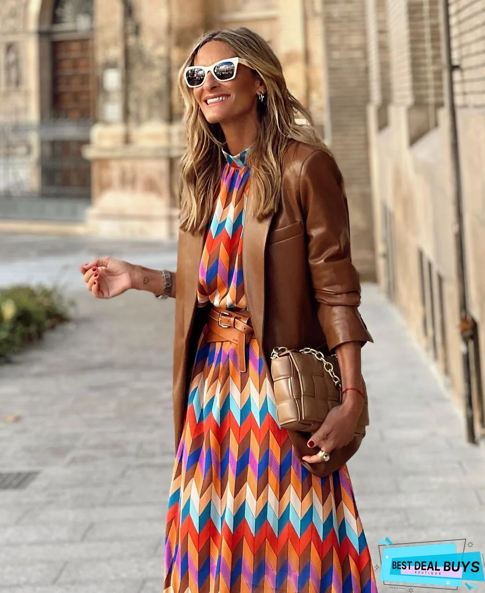 Sleeve Print Waist A-Shaped Dress Plus Size Ladies Dress