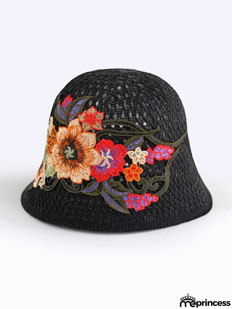 Ethnic embroidered flowers in summer breathable hollow sunscreen fisherman hat female sunshade Joker bucket hat Sun basin hat