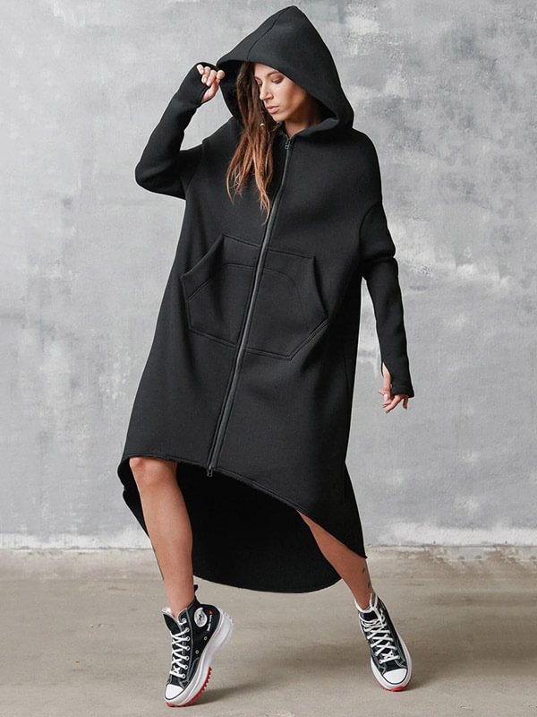 Fashion Loose High-Low Solid Color Hooded Outerwear