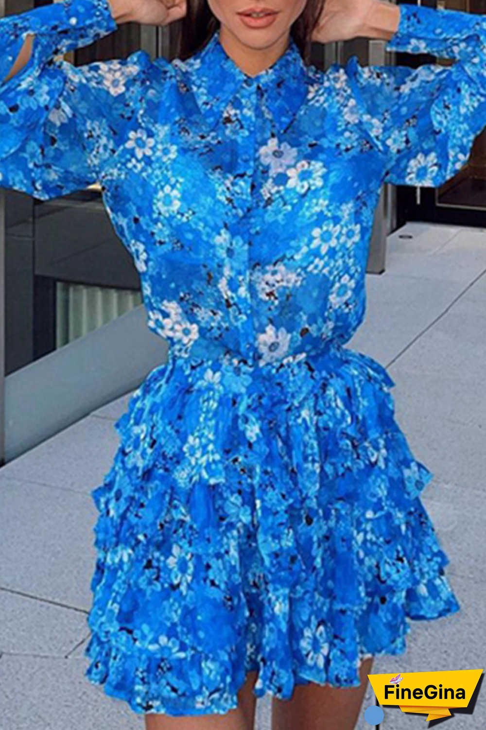 Casual Print Split Joint Turndown Collar Cake Skirt Dresses
