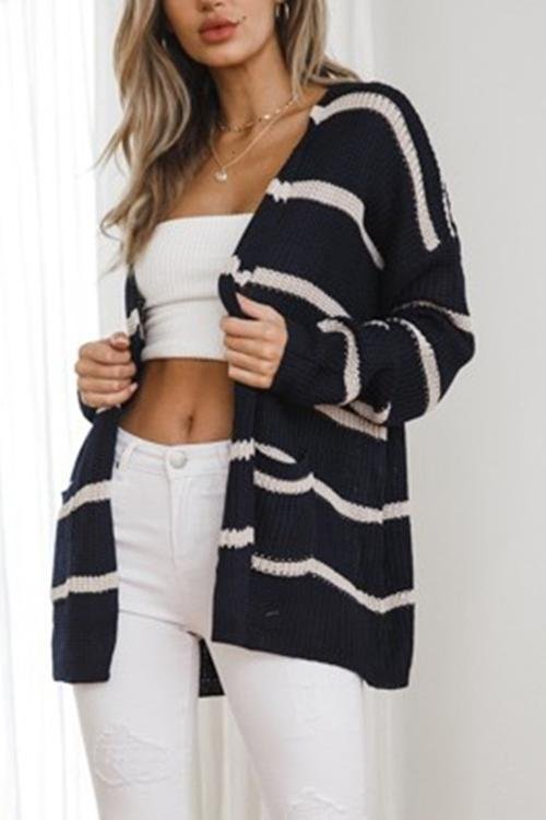 Double Pocket Striped Sweater Cardigan-elleschic