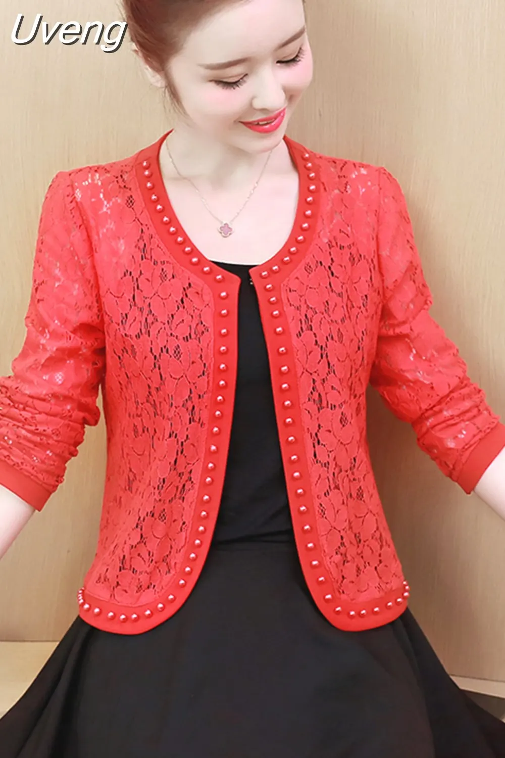 Uveng Hollow Out Lace Blouse Women Long Sleeve White Black Shirt Beading Lace Jacket Elegant 4XL Women Clothing Blusas 16821